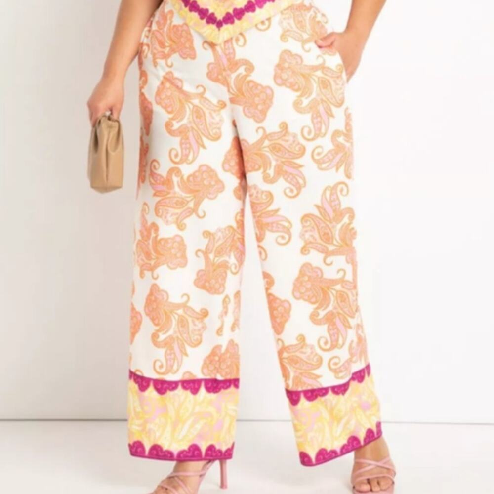 Eloquii Orange and Pink Paisley Wide-Leg Pants